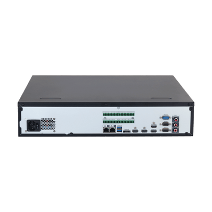Achterzijde van zwarte Dahua NVR608H-128-XI netwerkrecorder met diverse HDMI, VGA, USB en netwerkpoorten.