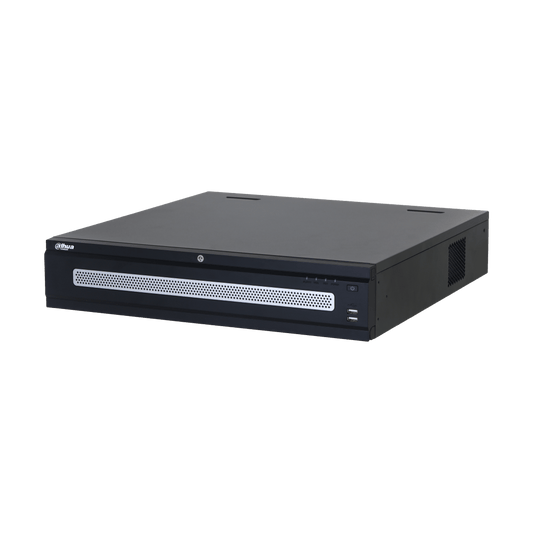 Zwarte Dahua NVR608H-128-XI enterprise netwerk videorecorder met geventileerd frontpaneel en USB-poorten.