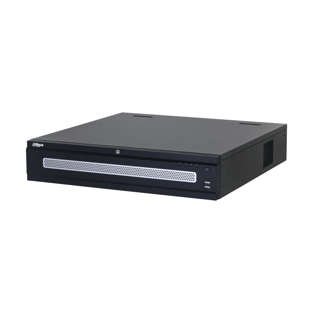 Zwarte Dahua NVR608H-32-XI enterprise netwerk videorecorder met geperforeerd frontpaneel en USB-poorten.