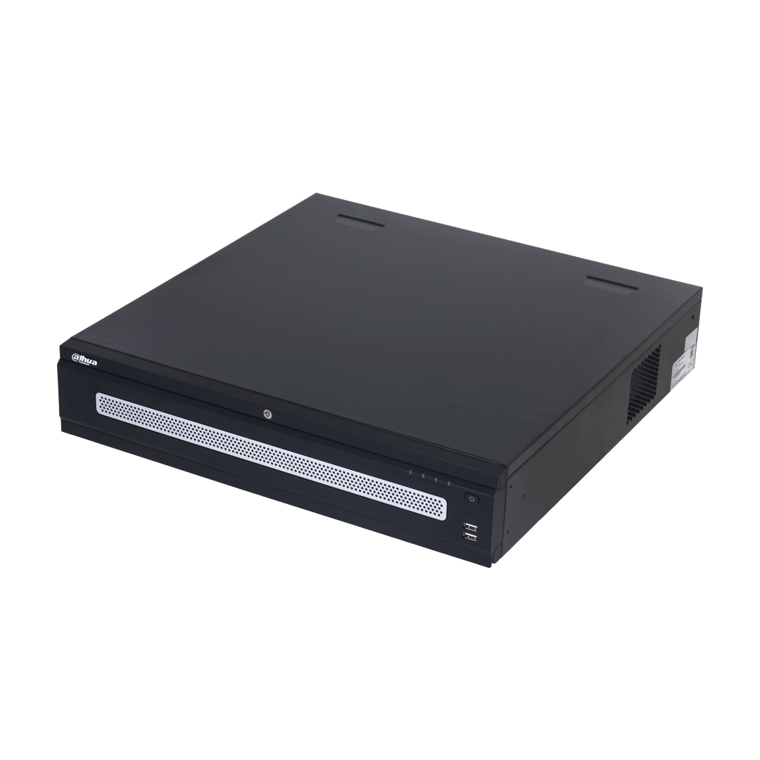 Zwarte Dahua NVR608RH-64-XI enterprise netwerk videorecorder met geventileerd frontpaneel en strak metalen design.