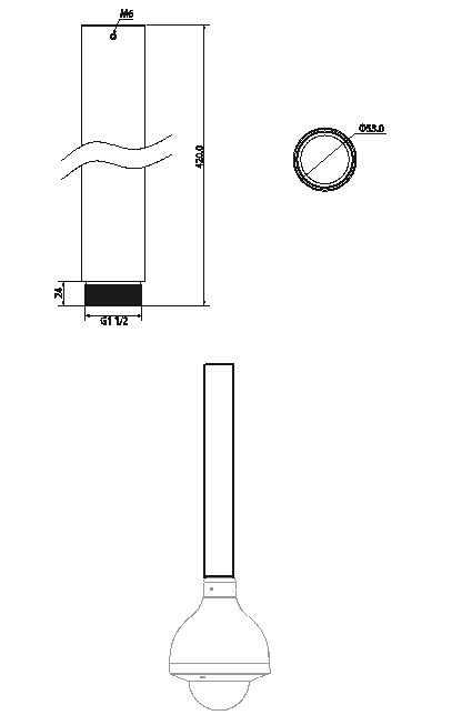 Technische tekening van de witte Dahua PFA113 aluminium extensiebuis (420mm x 53mm) voor plafondmontage van camera's.