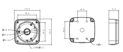 Technische lijntekening van de witte Dahua PFA123 aluminium montagebox met afmetingen van 134mm bij 51mm.