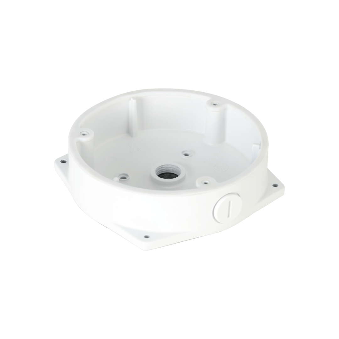 Witte, ronde aluminium montagebox voor Dahua dome camera's met een diameter van 156 mm voor weerbestendige kabelbescherming.