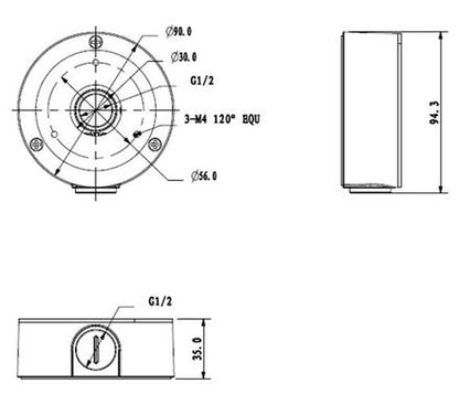 Technische lijntekening van de witte Dahua PFA134 aluminium montagebox met afmetingen en montagepunten.
