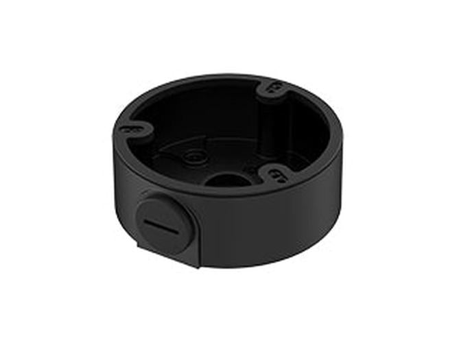 Zwarte, ronde aluminium montagebox voor Dahua dome camera's met kabeldoorvoer en weerbestendig ontwerp.