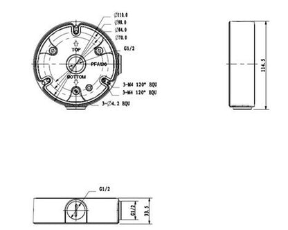 Technische tekening van de witte Dahua PFA136 aluminium montagebox met afmetingen voor dome camera installatie.
