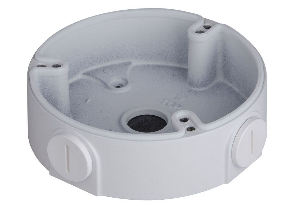 Witte aluminium Dahua PFA136 montagebox voor dome camera's met kabeldoorvoer en compact rond ontwerp.