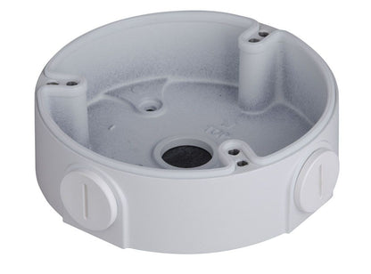 Witte aluminium Dahua PFA136 montagebox voor dome camera's met kabeldoorvoer en compact rond ontwerp.