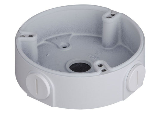 Witte aluminium Dahua PFA136 montagebox voor dome camera's met kabeldoorvoer en compact rond ontwerp.