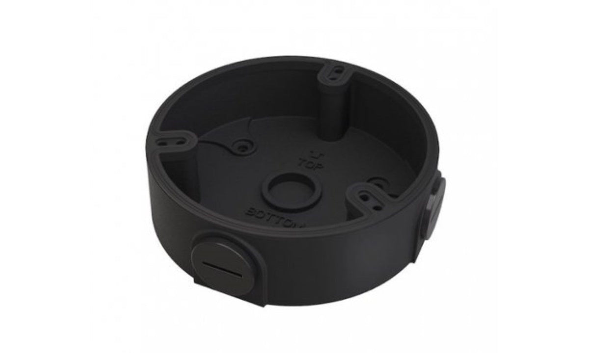 Zwarte ronde aluminium montagebox voor Dahua camera's met kabeldoorvoer, Ø110mm.