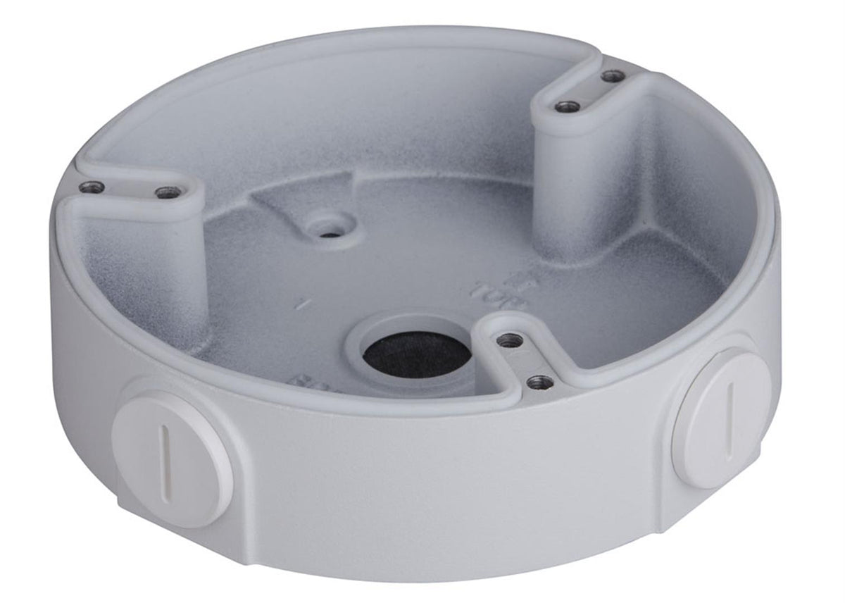 Witte aluminium Dahua PFA137 montagebox voor dome camera's met kabeldoorvoer en waterdicht ontwerp.