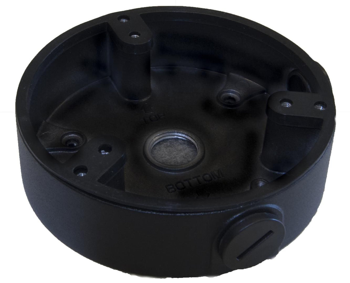 Zwarte, ronde aluminium montagebox voor Dahua dome camera's met kabeldoorvoer voor een nette installatie.