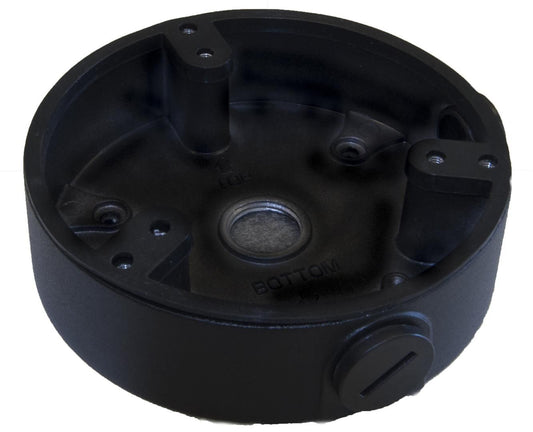 Zwarte, ronde aluminium montagebox voor Dahua dome camera's met kabeldoorvoer voor een nette installatie.