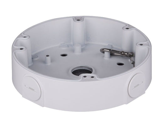 Witte aluminium Dahua PFA138 montagebox voor mini dome camera's met een diameter van 161mm en kabeldoorvoer.
