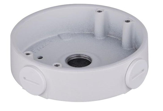 Witte, ronde aluminium montagebox voor Dahua dome camera's met kabeldoorvoer en weerbestendig design.