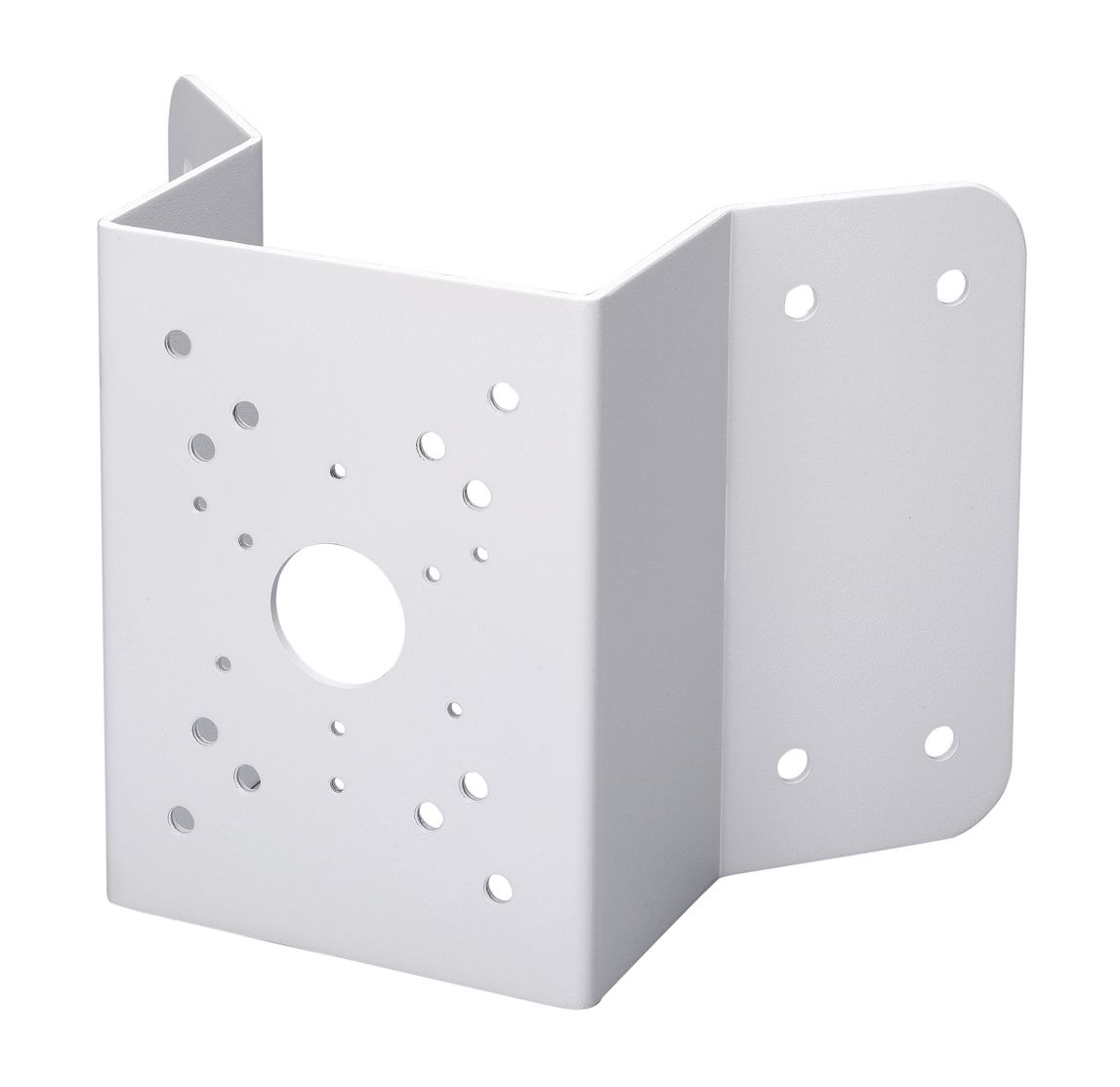 Witte Dahua PFA151 hoekmontagebeugel van duurzaam SECC-staal voor speed dome camera's met voorgeboorde montagegaten.