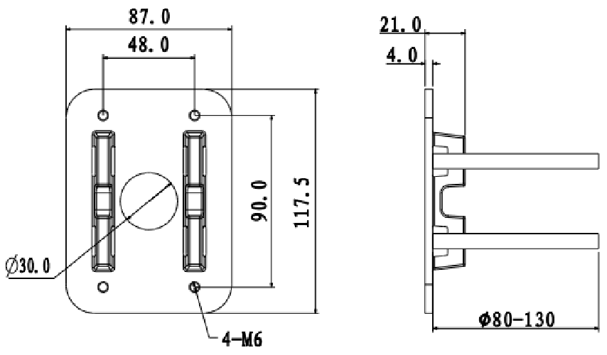 Technische lijntekening van de zwarte Dahua PFA152B paalmontagebeugel met afmetingen 117,5 x 87 x 21 mm.