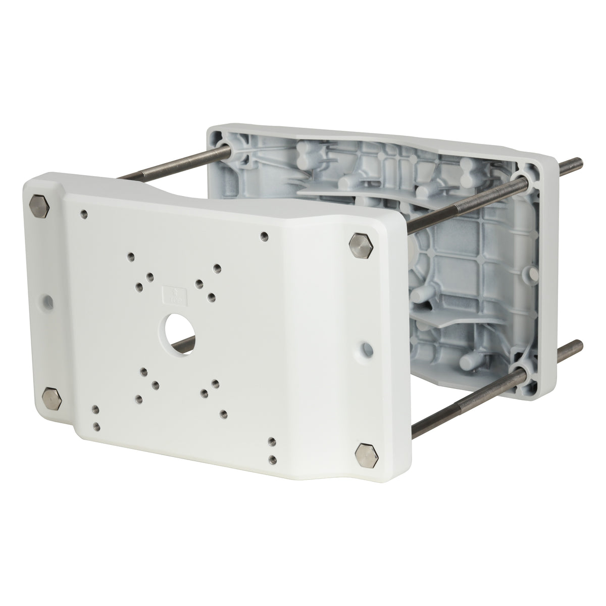 Witte Dahua PFA153 zware paalbeugel van aluminium en RVS met lange bouten voor masten tot Ø300mm.