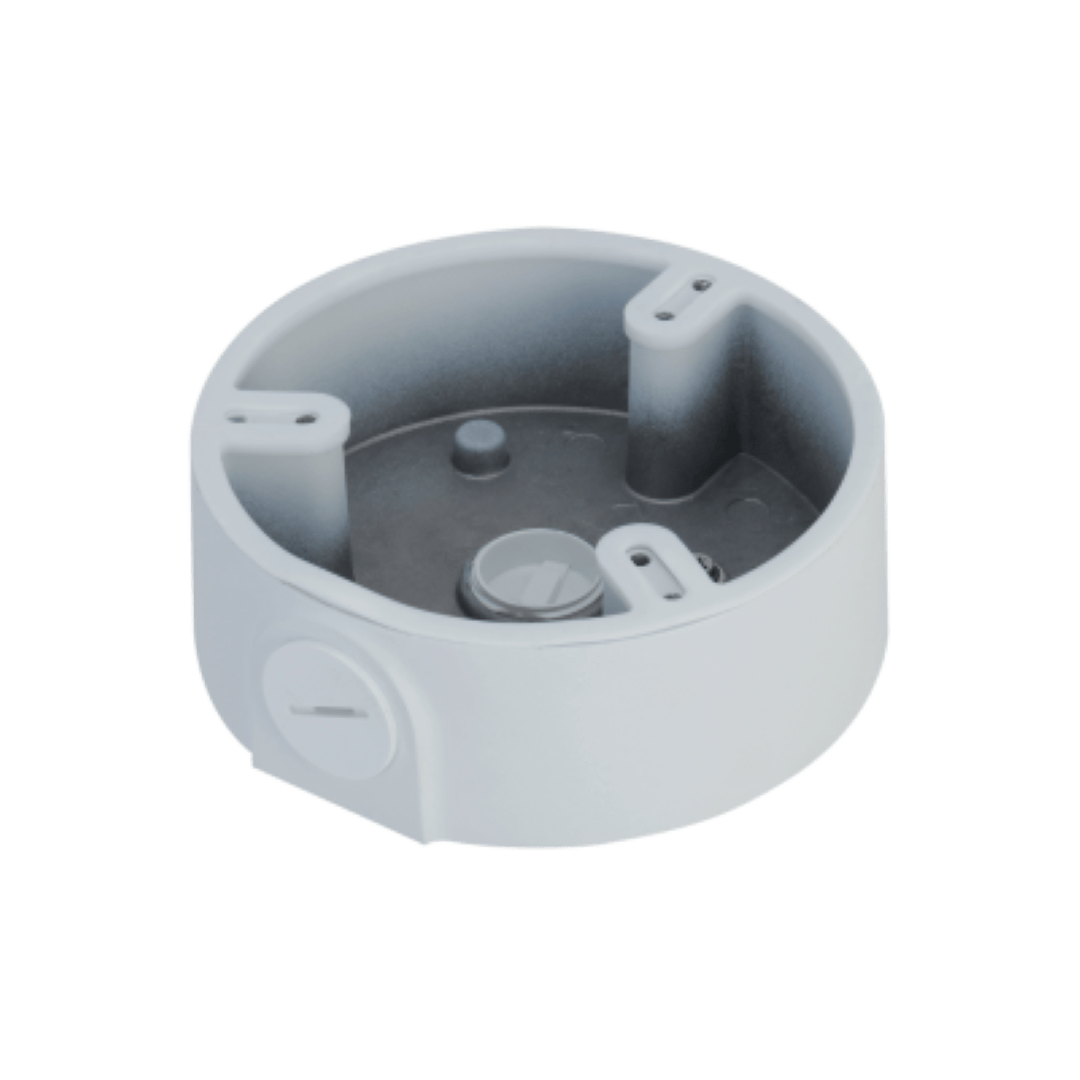 Witte, ronde Dahua PFA197R aluminium montagebox voor dome camera's met een diameter van 129,1 mm.