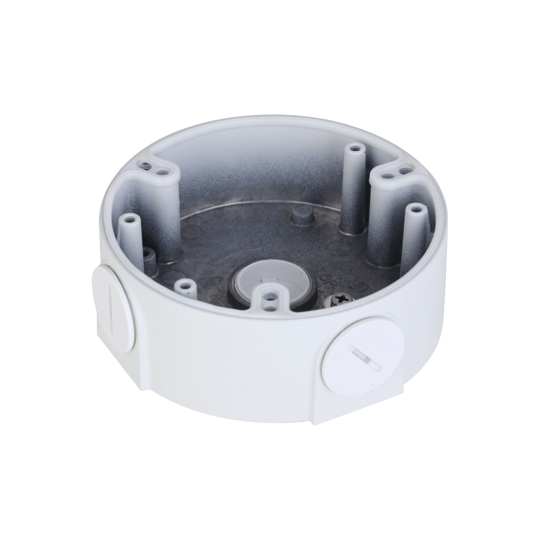 Witte aluminium Dahua PFA2310R junction box voor dome camera's met kabeluitlaten en compact rond design.