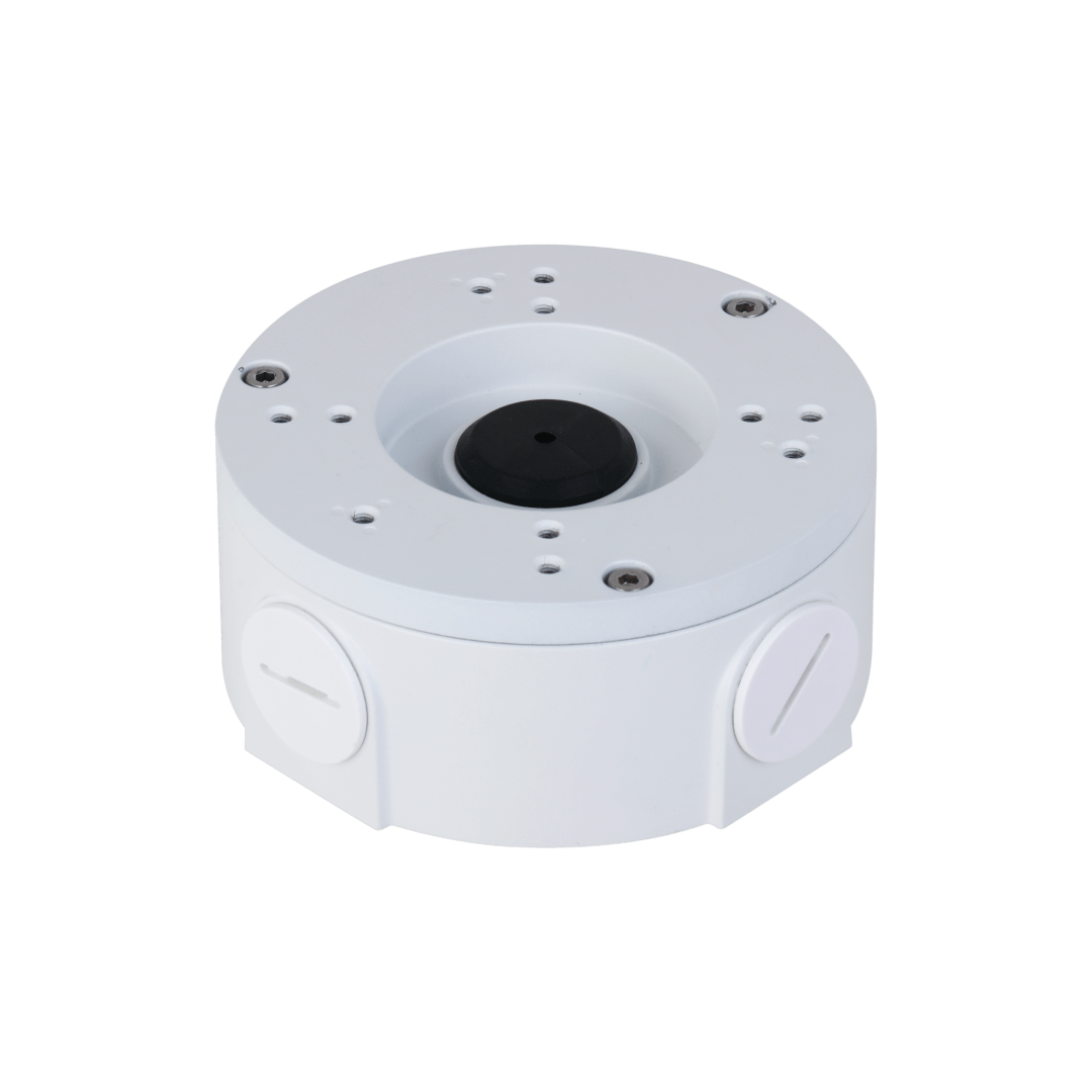 Witte aluminium Dahua PFA3310R junction box voor dome camera's met IP66 waterdichte behuizing en kabeluitlaten.