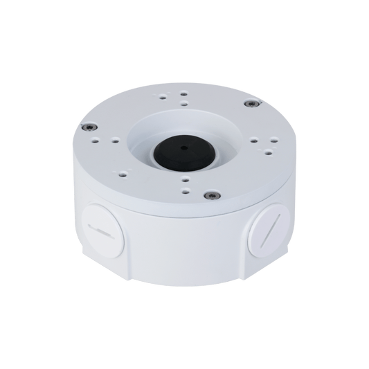 Witte aluminium Dahua PFA3310R junction box voor dome camera's met IP66 waterdichte behuizing en kabeluitlaten.
