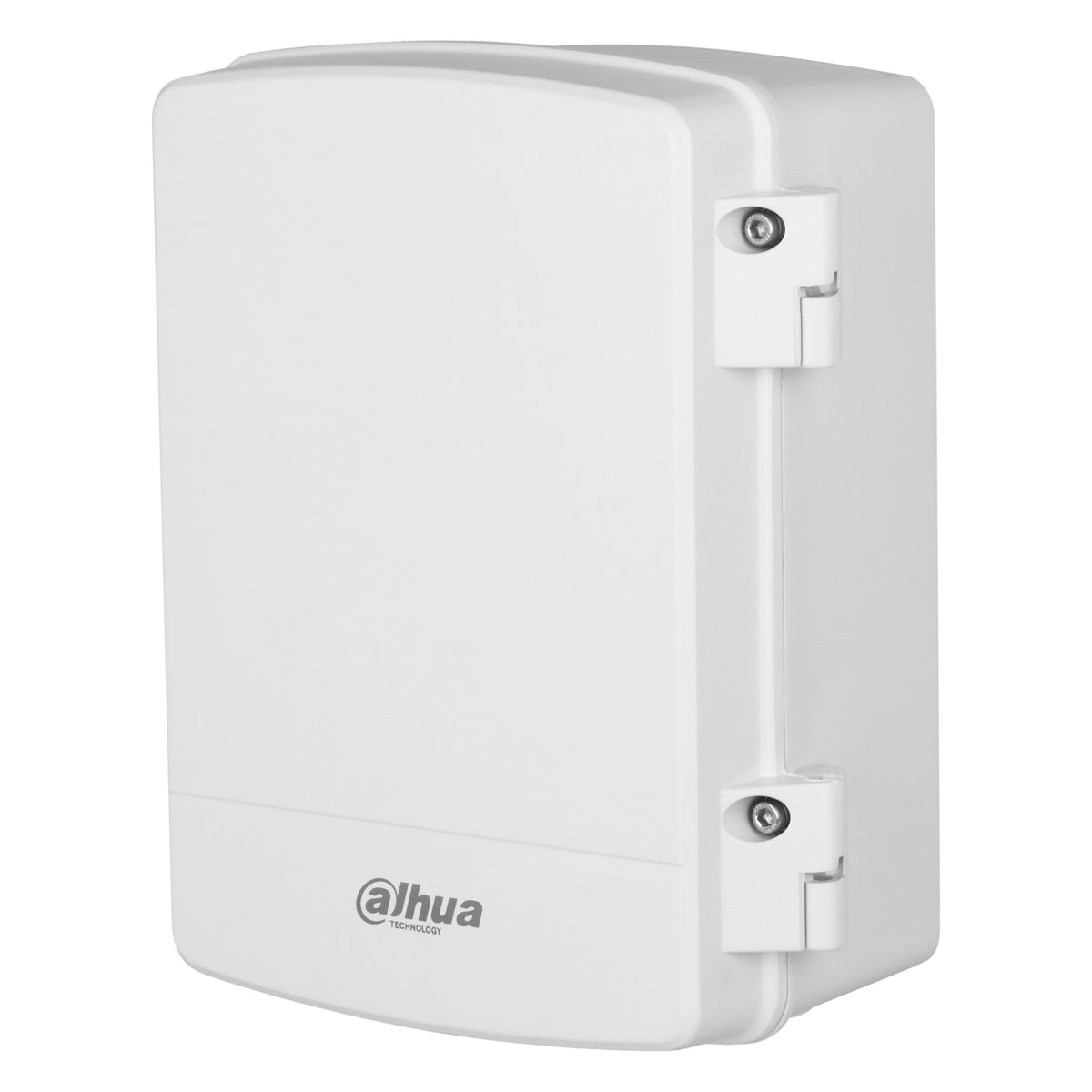 Witte Dahua PFA6401S waterdichte IP66 voedingskast voor camera's, schuin vooraanzicht.