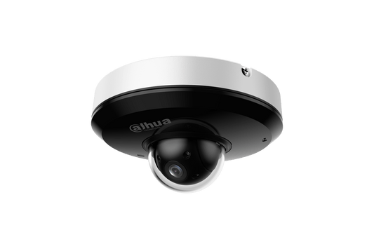 Witte Dahua 4MP mini PTZ dome camera met zwarte lensbehuizing en compact, robuust design voor buitenbeveiliging.