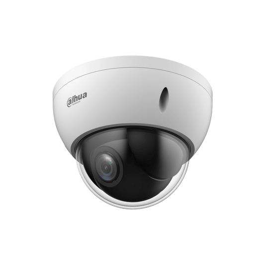Witte Dahua WizSense mini PTZ dome camera met zwarte lens en compact design voor plafondmontage.