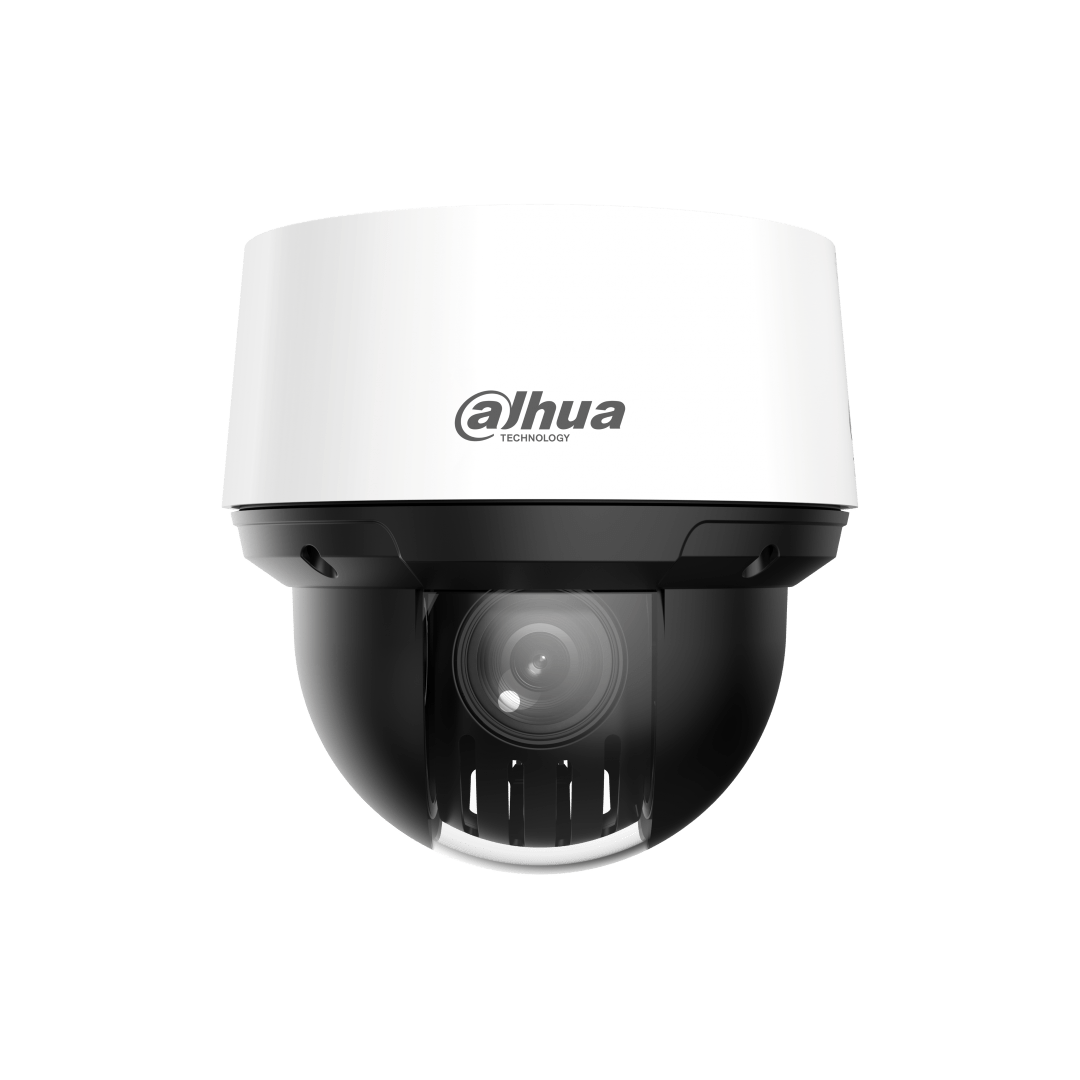 Witte Dahua WizSense PTZ-camera met zwarte koepel en 25x optische zoomlens voor professionele buitenbewaking.