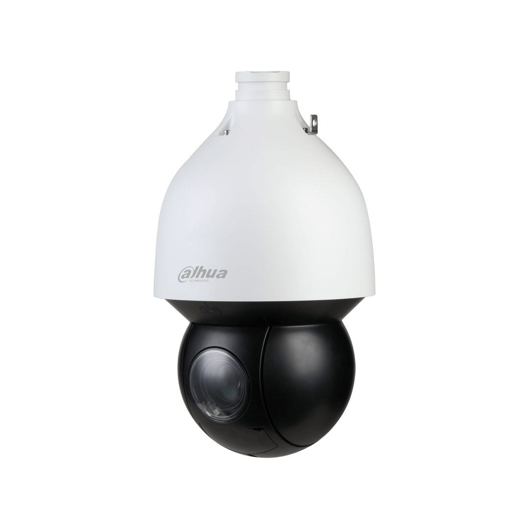 Witte Dahua WizSense PTZ-camera met zwarte bolvormige lensmodule voor buitenbeveiliging.