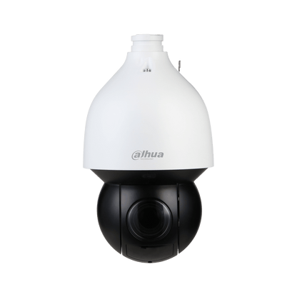 Dahua 4K PTZ-beveiligingscamera met witte behuizing, zwarte draaibare lens en 25x optische zoom op witte achtergrond.