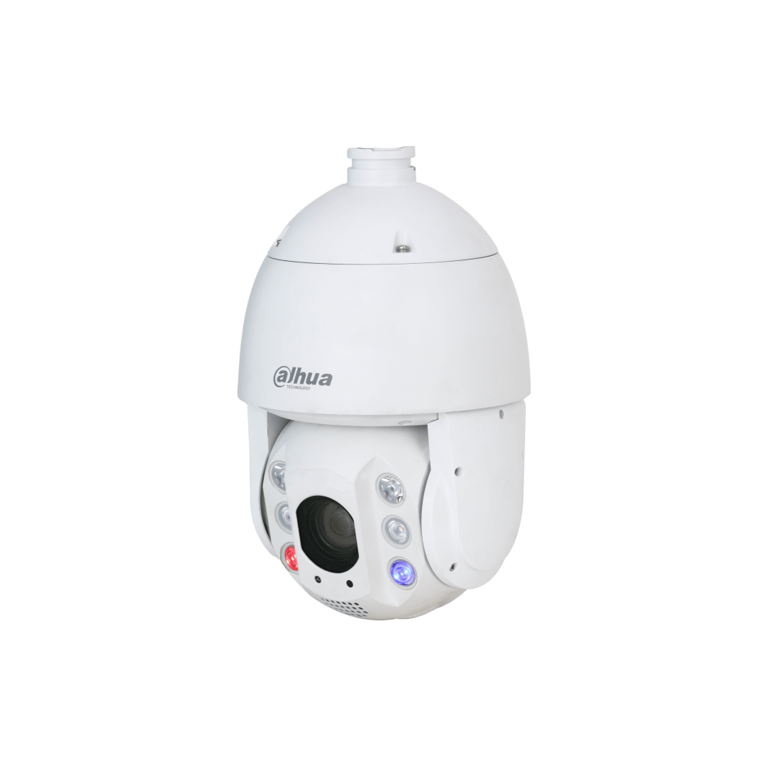 Witte Dahua TiOC PTZ-beveiligingscamera met 32x zoom, actieve afschrikking en rood-blauwe verlichting.