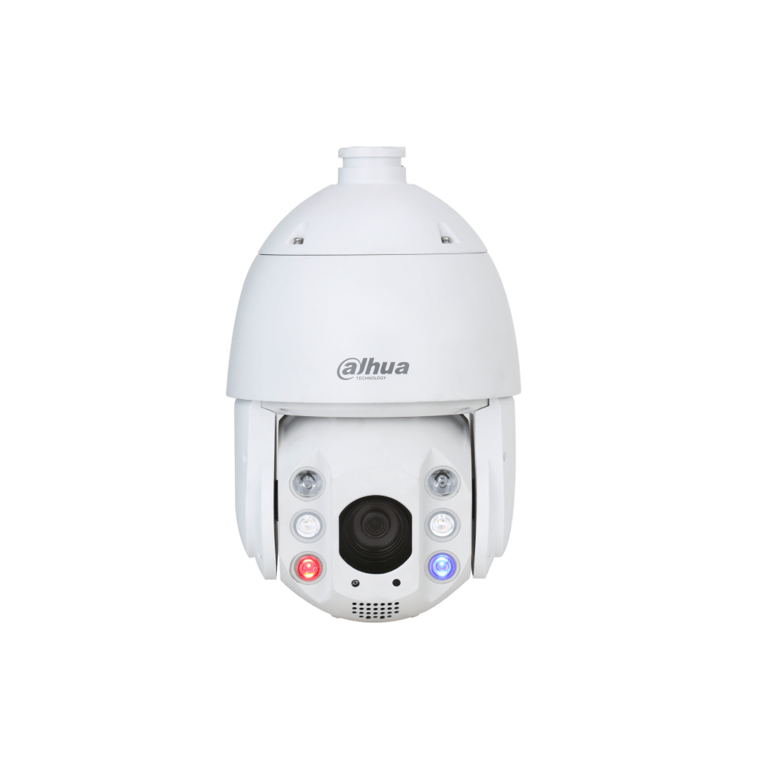 Witte Dahua WizMind PTZ-camera met 45x zoom, actieve afschrikking en rood-blauw licht op een witte achtergrond.