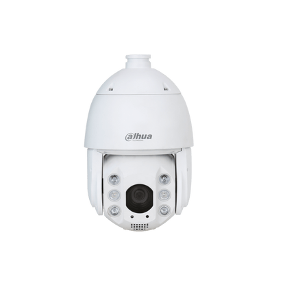 Witte Dahua 8MP 4K WizMind PTZ-beveiligingscamera met 25x optische zoom en geïntegreerde smart dual light-verlichting.