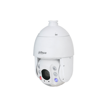 Witte Dahua 8MP 4K PTZ-camera met 25x zoom, actieve afschrikking via rood-blauw licht en robuust koepelontwerp.