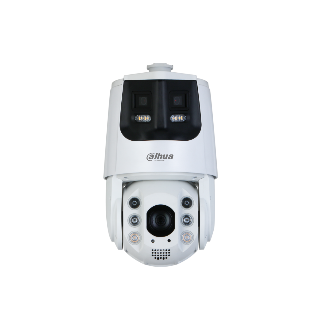 Witte Dahua 4MP WizSense dual-sensor PTZ-camera met 25x zoom, panoramalens en actieve afschrikking.