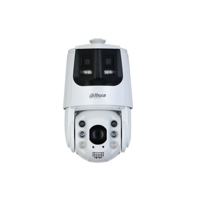 Witte Dahua 4MP WizSense dual-sensor PTZ-camera met 25x zoom, panoramalens en actieve afschrikking.