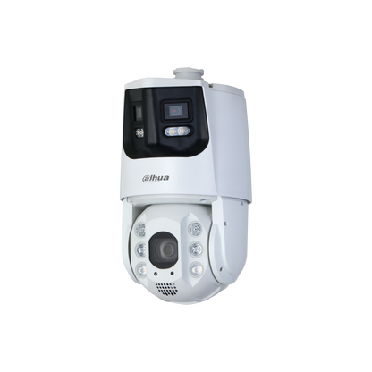 Witte Dahua WizSense dual-sensor PTZ-camera met 180° panoramalens en 25x optische zoom voor buitenbeveiliging.