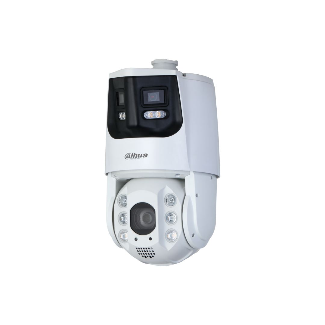 Witte Dahua X-Spans PTZ-camera met 8MP panorama- en 4MP detail-lens, voorzien van actieve afschrikking en LED-verlichting.