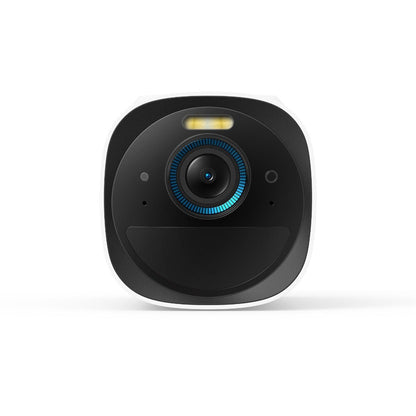 EufyCam 3 draadloze 4K beveiligingscamera met zwarte lens, ingebouwde spotlight en blauwe lichtring op witte behuizing.