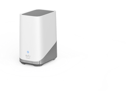 Witte Eufy Homebase 3 met grijs design, blauw statuslampje en gestroomlijnde behuizing voor draadloze beveiliging.