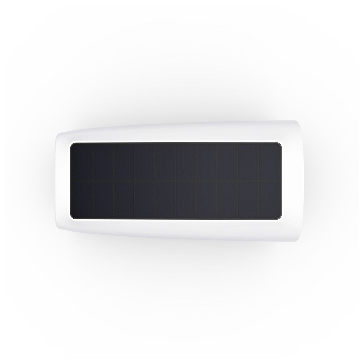 Witte EufyCam 3 beveiligingscamera met geïntegreerd zwart zonnepaneel voor draadloos opladen.