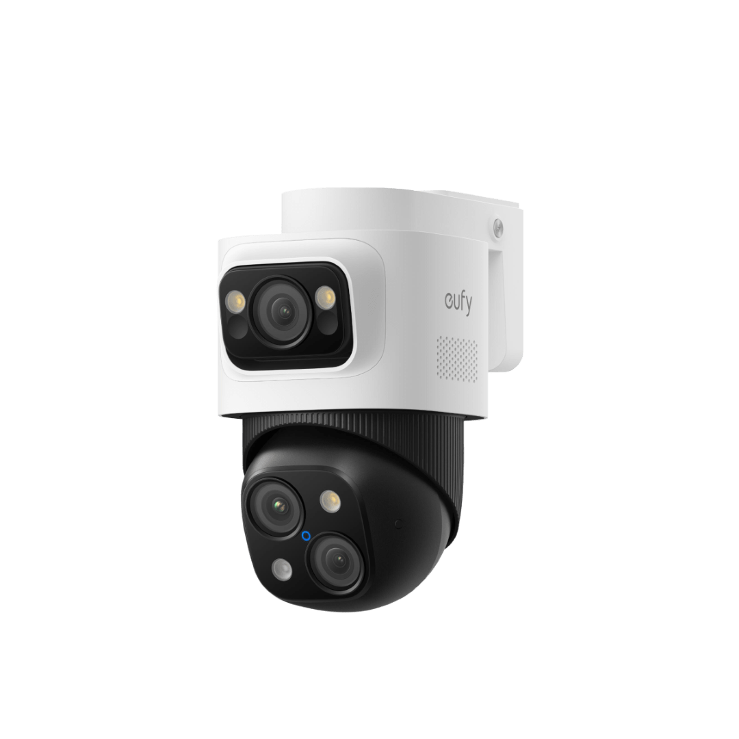 Witte Eufy PoE Bullet-PTZ S4 beveiligingscamera met dubbele lens, 360° draaibaar ontwerp en zwarte PTZ-module.