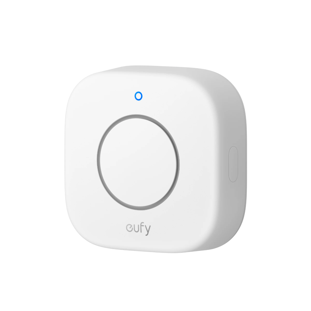 Witte, vierkante Eufy Security sirene met een centraal alarmrooster, blauw LED-indicatielampje en strak draadloos design.