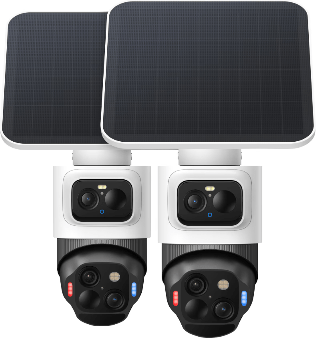 Twee witte Eufy SoloCam S4 4K beveiligingscamera's met zonnepaneel, dual-lens systeem en 360 graden pan-tilt functionaliteit.