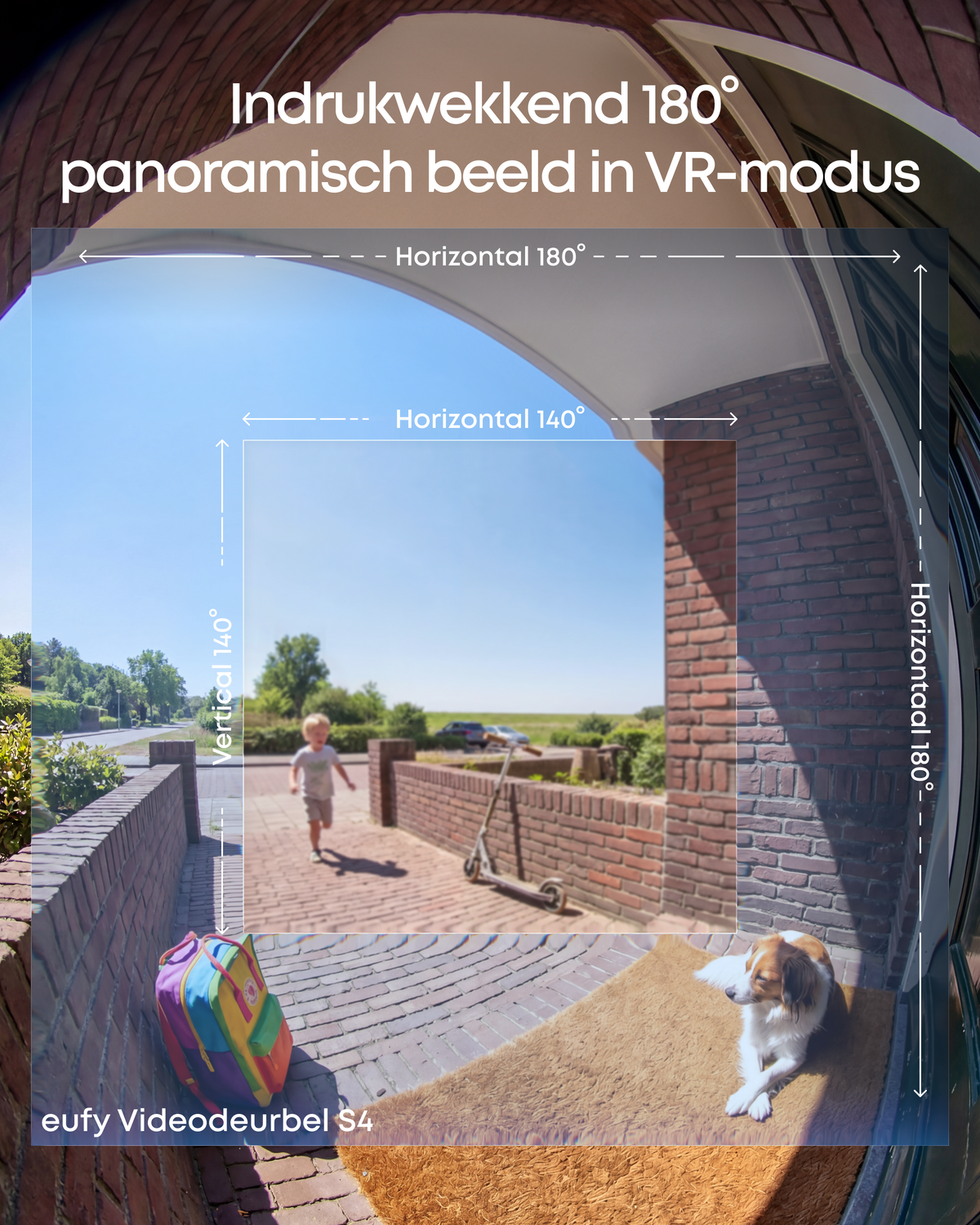 Indrukwekkend 180° panoramisch beeld van de Eufy Video Deurbel S4 op de oprit en voordeur