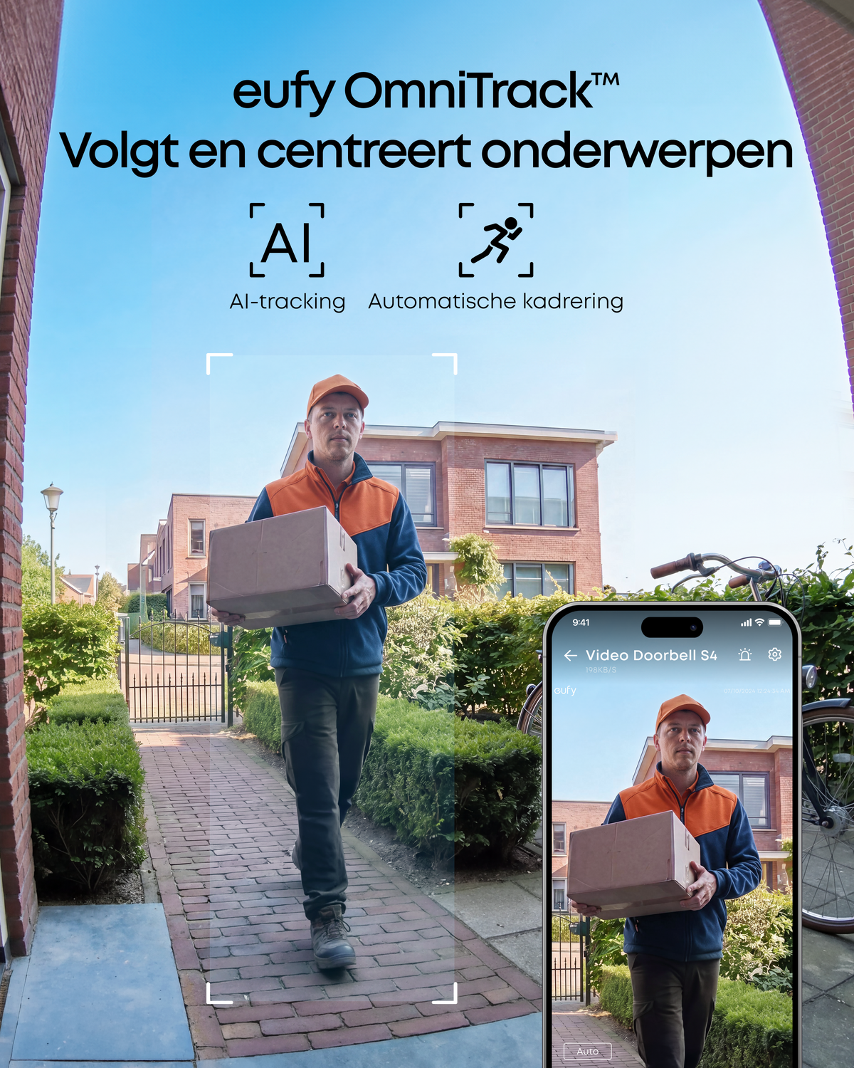 Eufy Video Deurbel S4 met OmniTrack AI-tracking die een pakketbezorger volgt en in beeld houdt