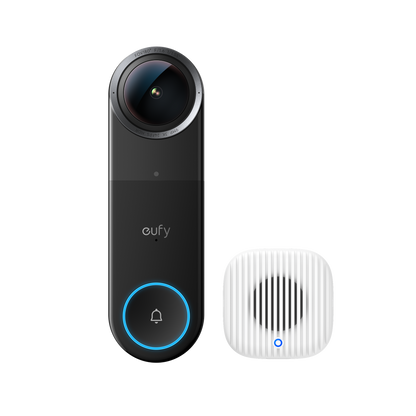 Eufy Video Deurbel S4 met 9MP 3K lens en witte Mini Chime, vooraanzicht op witte achtergrond