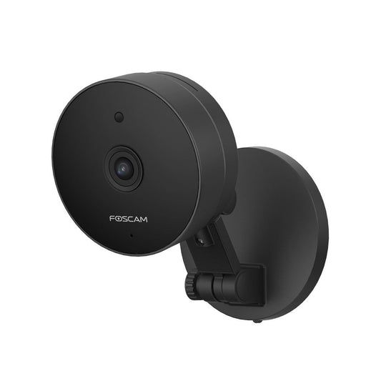 Zwarte Foscam C5M 5MP WiFi binnencamera met ronde lens en verstelbare muurbevestiging voor slimme huisbewaking.
